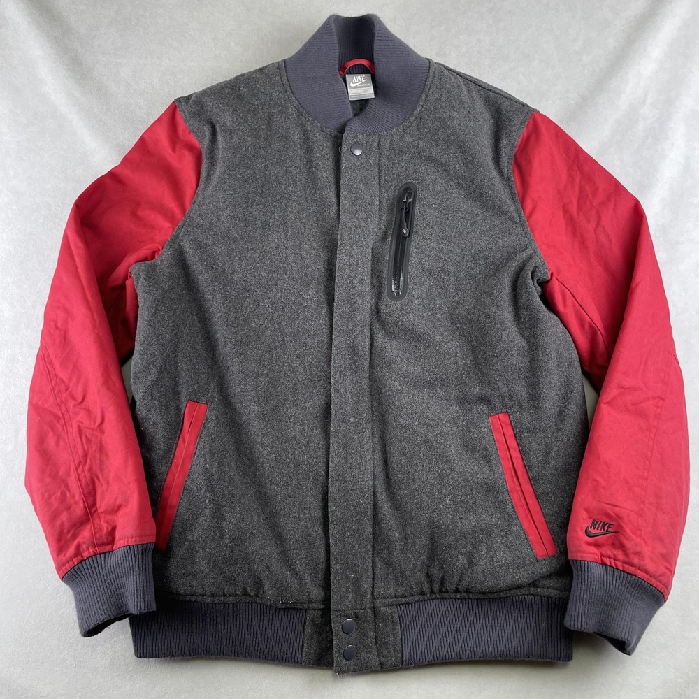 Nike Destroyer Jacket Mens L Gray Red Wool Blend Varsity Bomber Prep 509796-071